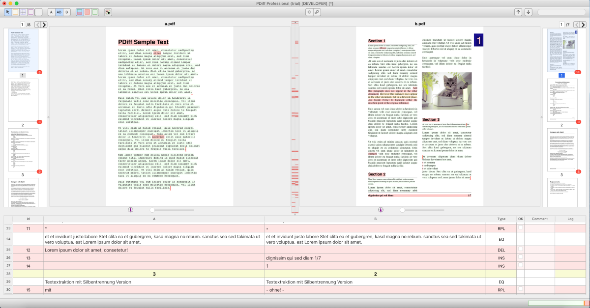 Without exclusion areas: Differences on each page due to the footer and margin notes in PDF B.
